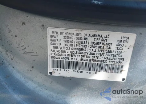 2005 Honda Odyssey Ex-L z USA, uszkodzony, nr VIN 5FNRL387X5B036630